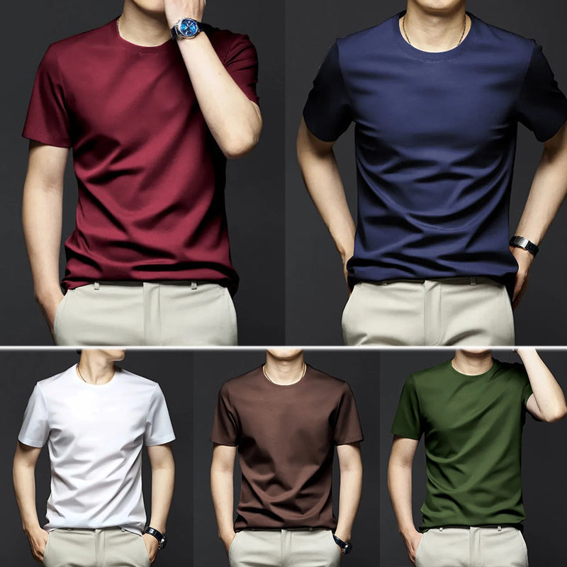 【45% de descuento】Camiseta de hombre antiarrugas elástica de algodón mercerizado con cuello redondo