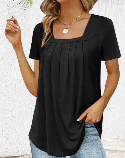 🔥45 % de descuento🔥 - Elegante camiseta de mujer de color liso con escote cuadrado