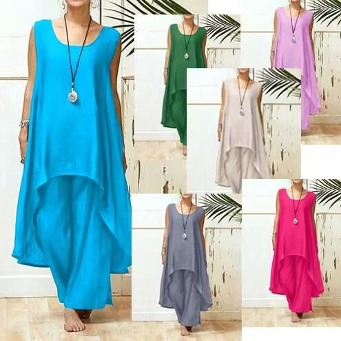 💞Gran oferta💞Elegante conjunto de dos piezas de lino y algodón para mujer de talla grande