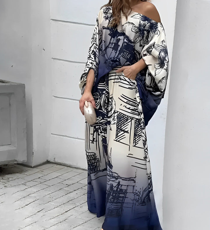🔥Modelo más vendido🔥Traje de pantalón ancho con camisa de murciélago de manga larga y estampado de moda [cinturón gratis]