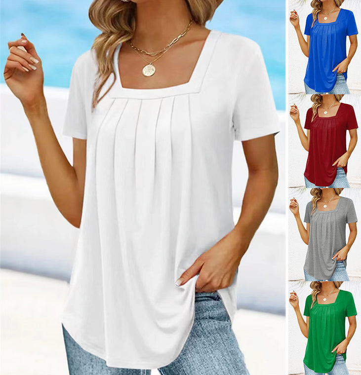🔥45 % de descuento🔥 - Elegante camiseta de mujer de color liso con escote cuadrado