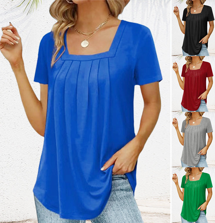 🔥45 % de descuento🔥 - Elegante camiseta de mujer de color liso con escote cuadrado
