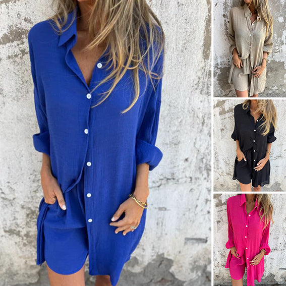 ✨El más cómodo✨ Conjunto casual de dos piezas para mujer: camisa de manga larga y pantalones cortos