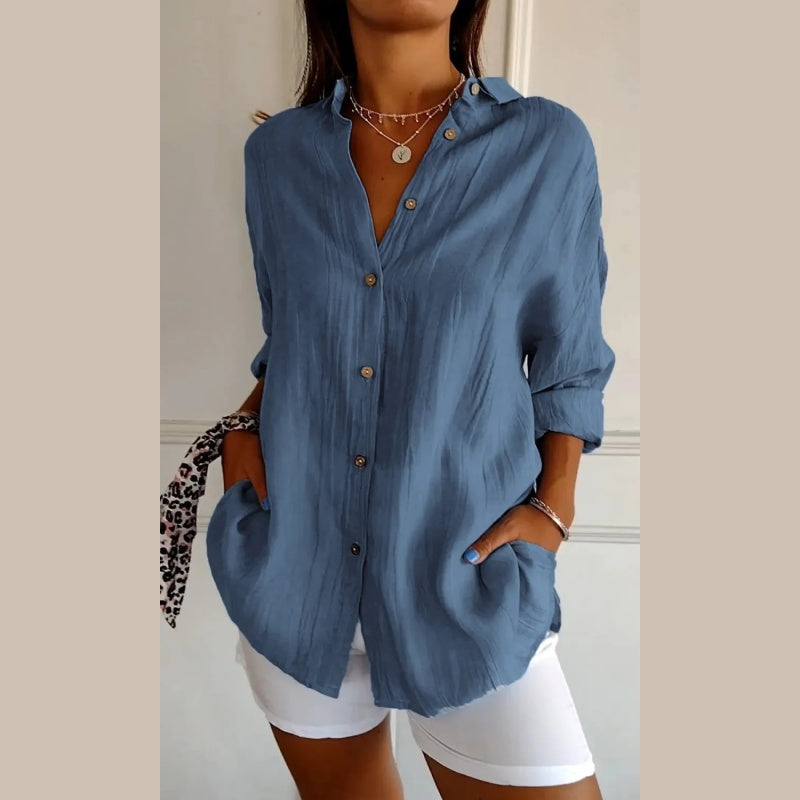 Camisa clásica con solapa y un solo pecho, plisada y texturizada para mujer ✨49% OFF✨