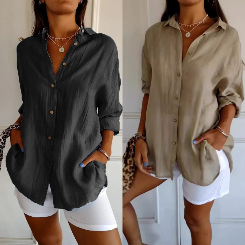 Camisa clásica con solapa y un solo pecho, plisada y texturizada para mujer ✨49% OFF✨