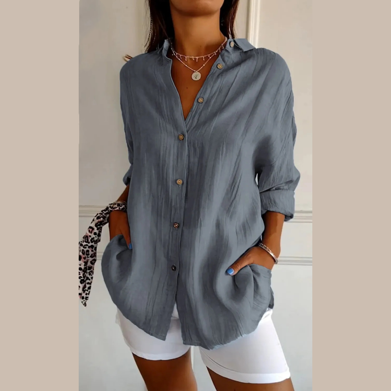 Camisa clásica con solapa y un solo pecho, plisada y texturizada para mujer ✨49% OFF✨