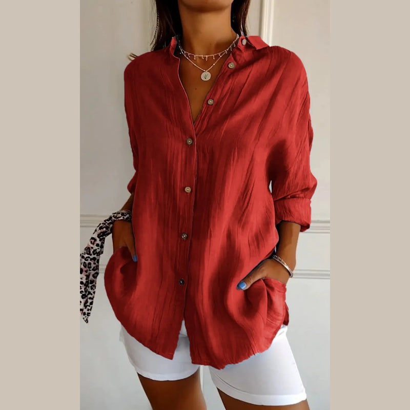 Camisa clásica con solapa y un solo pecho, plisada y texturizada para mujer ✨49% OFF✨