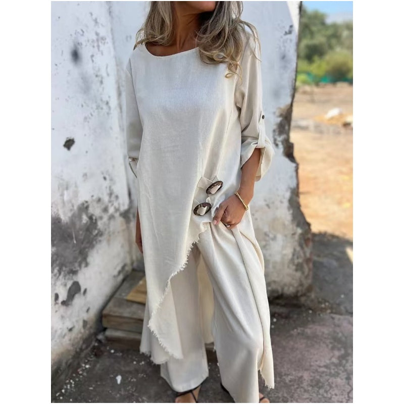 🌸Oferta especial 🔥Conjunto perfecto🌸 Traje elegante de algodón y lino para mujer (conjunto de 2 piezas)