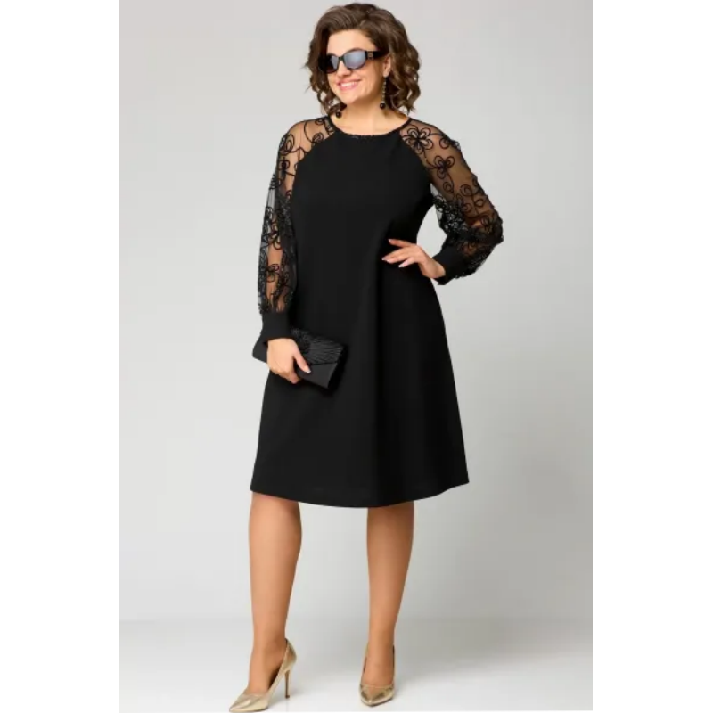 Vestido de manga larga con cuello redondo y parches de encaje