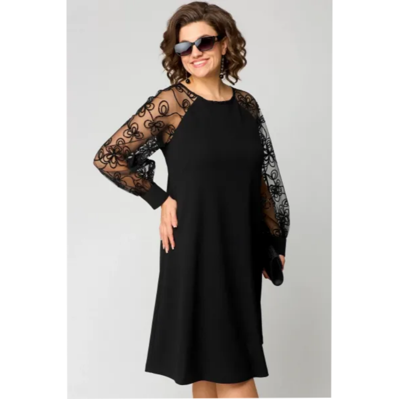Vestido de manga larga con cuello redondo y parches de encaje