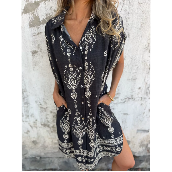 💕¡Oferta especial! 💕 Vestido holgado de manga corta con estampado y bolsillos【50% OFF】